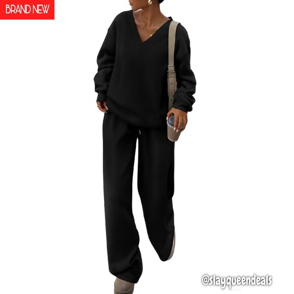V-Neck Sweatshirt & Wide Leg Pants Set - Soft Knit Fabric - Elastic Waist